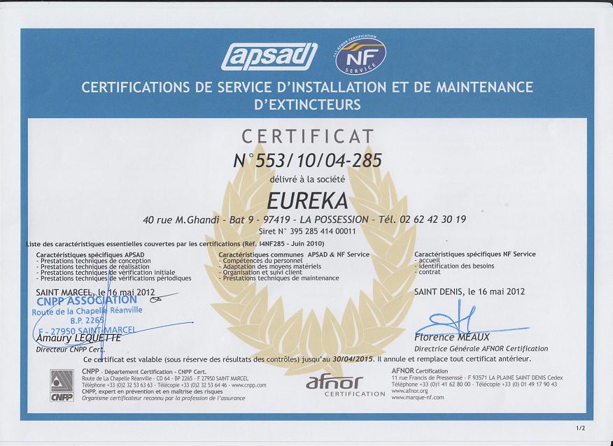 Certif_APSAD de service d'installation et de maintenance d'extincteurs