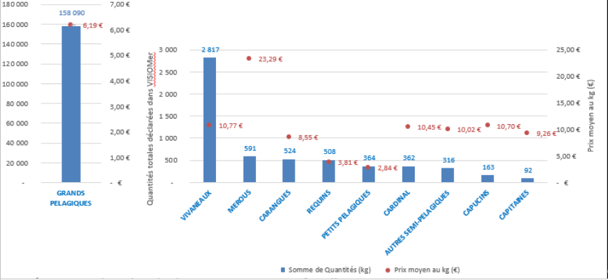 Quantités vendues et prix moyens – 10 premières familles d’espèces